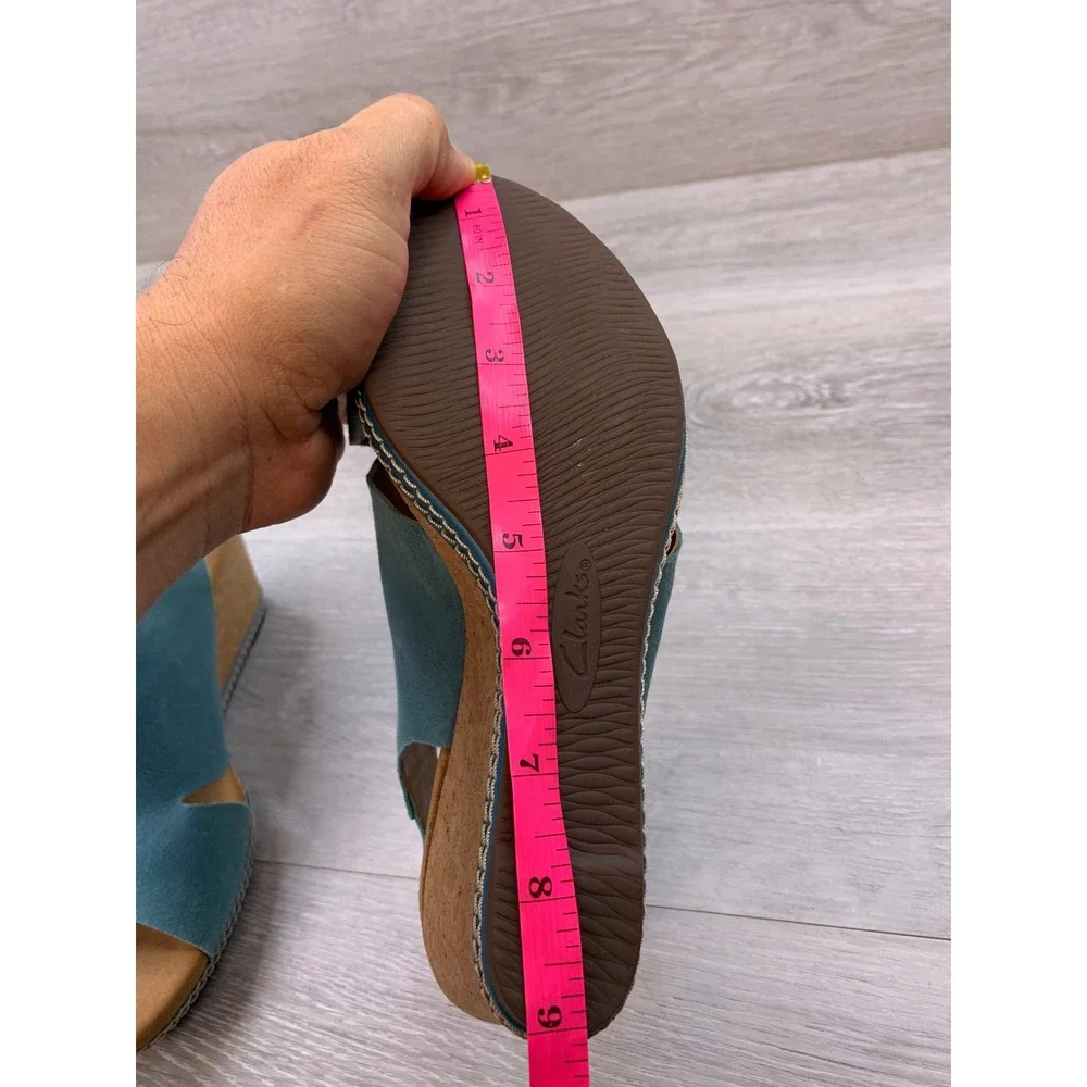 Clarks Women's Teal Blue Suede Cork Wedge Sandals 9 Casual Comfort Shoes
